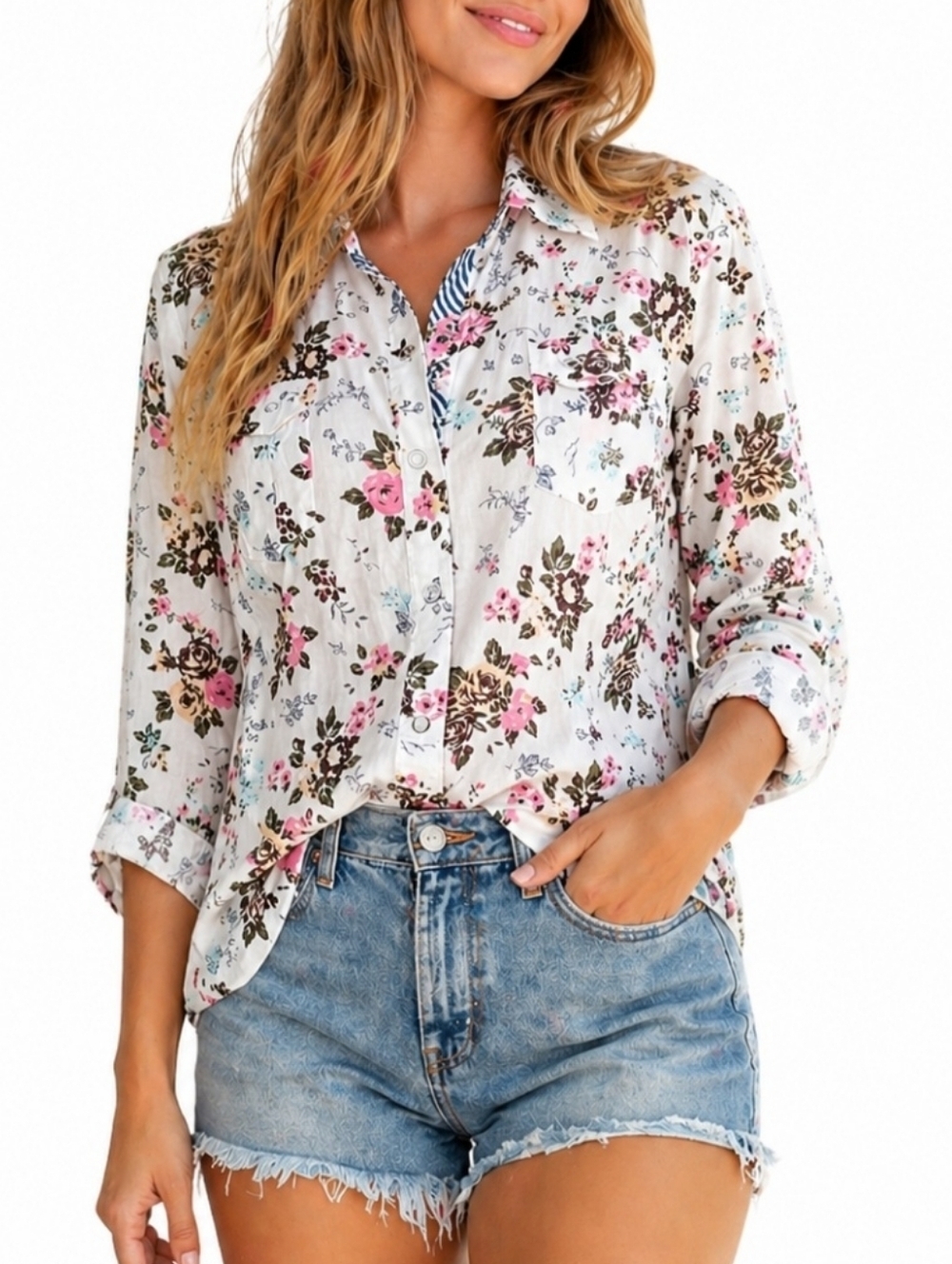 LEI Junior XL Floral Button Up Shirt Women Boho Cottagecore 100% Cotton Long